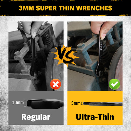 19-piece super-thin open end wrench set with 3mm slim profile, SAE and metric sizes, chrome vanadium steel construction, four-point open ends, and rolling tool pouch