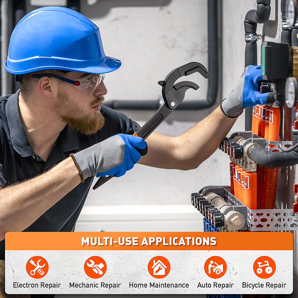 Self-adjusting pipe wrench set with high-carbon steel jaws, non-slip handles and 14–63mm capacity for plumbing, auto repair and home maintenance