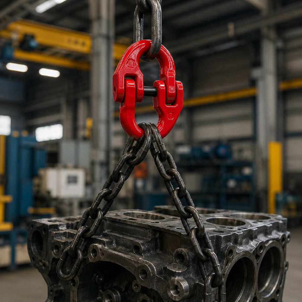 G80 hammerlock coupling link with red powder-coated finish for connecting Grade 80 lifting chains, rigging and hoisting assemblies