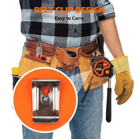25FT 7.5M self-locking measuring tape with dual scale, belt clip, wrist strap, carbon steel blade and ABS rubber case