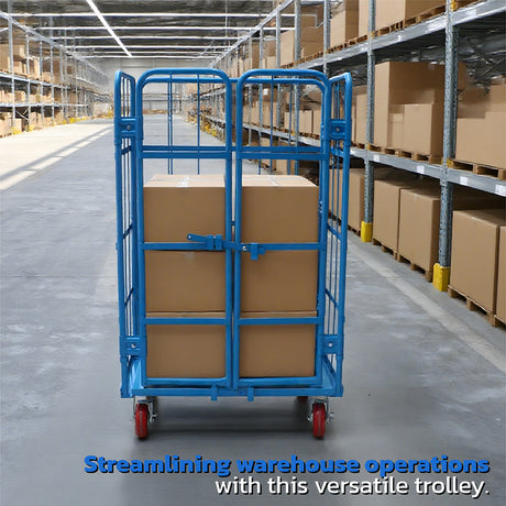 Blue heavy duty double-door logistics trolley cage with lockable swivel rubber wheels for warehouse storage and transport