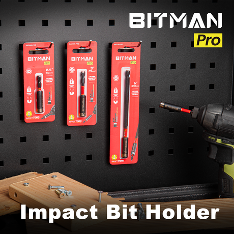1/4 inch impact magnetic bit holder with quick change hex shank, double locking mechanism, strong magnetic tip and torsion zone, available in 2.5 inch, 3 inch and 6 inch lengths for impact drivers and power drills.