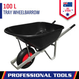 100 litre heavy-duty builders wheelbarrow with black tray, red steel wheel, and galvanised frame, ideal for garden, construction, and utility use