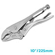 Curved jaw locking pliers in 5 inch and 10 inch options with drop forged CR-MO steel construction, adjustable tension screw, serrated jaws and quick release handle for clamping, gripping, tightening and holding metal, wood, pipe and workshop materials