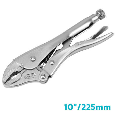 Curved jaw locking pliers in 5 inch and 10 inch options with drop forged CR-MO steel construction, adjustable tension screw, serrated jaws and quick release handle for clamping, gripping, tightening and holding metal, wood, pipe and workshop materials
