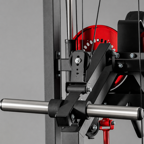 plate loaded lateral raise machine with adjustable arms, headrest, pulley system and steel frame for home gym shoulder training