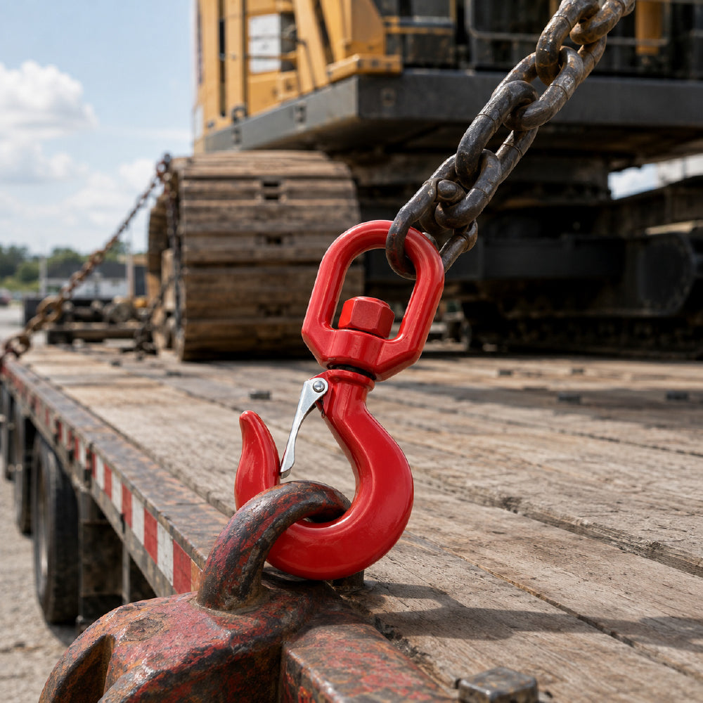 heavy-duty swivel lifting hook with safety latch and red powder-coated finish for rigging, hoisting and material handling