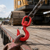 heavy-duty swivel lifting hook with safety latch and red powder-coated finish for rigging, hoisting and material handling