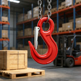 heavy-duty eye lifting hook with safety latch and red powder-coated finish for chain rigging, hoisting and material handling