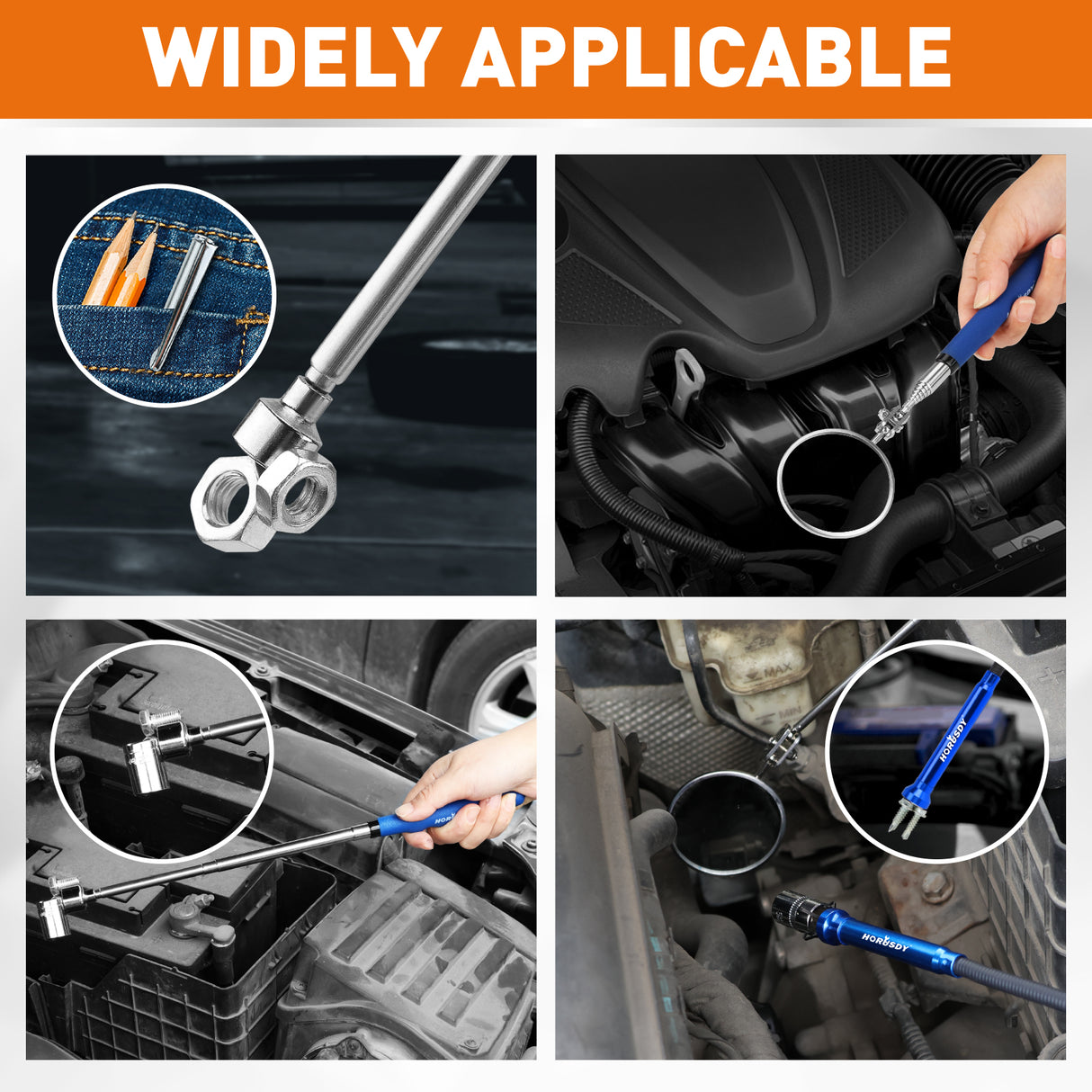 4-piece telescoping magnetic pickup tool kit with inspection mirror, flexible grabber and strong magnets