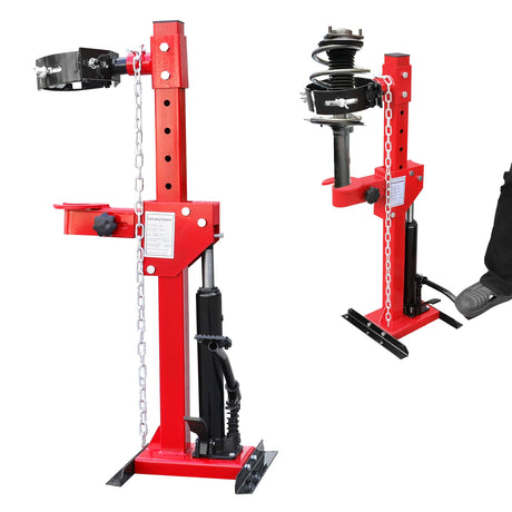 4.5 Ton hydraulic shock spring compressor with adjustable clamps and steel safety chain for car suspension and coil spring removal.