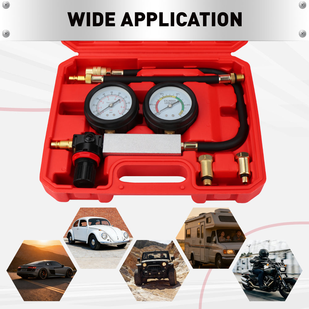 cylinder leak down tester kit dual gauge engine compression tester air powered automotive diagnostic tool with hose adapters 10mm 12mm 14mm for car motorcycle engine testing
