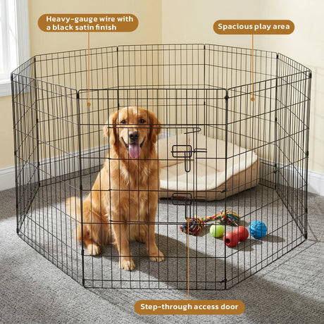 36 inch metal dog playpen 8 panel heavy duty pet exercise pen foldable puppy fence indoor outdoor with door double latch black