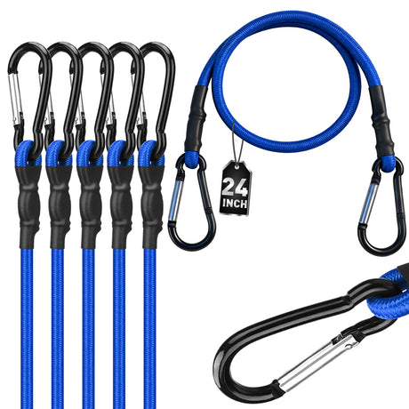24 inch heavy duty bungee cords with locking carabiners, 8mm elastic tie down straps for cargo, camping, travel and outdoor use