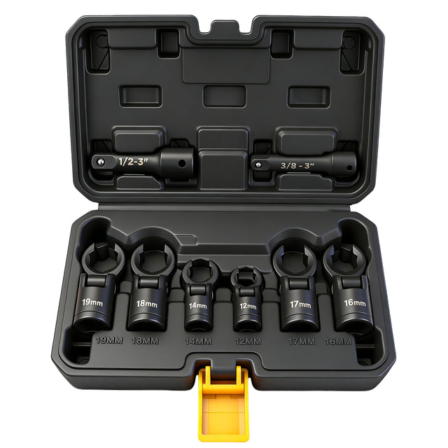 ELEAD 8 piece flex head crowfoot line wrench set with 3/8 and 1/2 inch drive metric flare nut wrenches for automotive repair