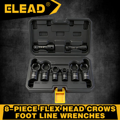 ELEAD 8 piece flex head crowfoot line wrench set with 3/8 and 1/2 inch drive metric flare nut wrenches for automotive repair
