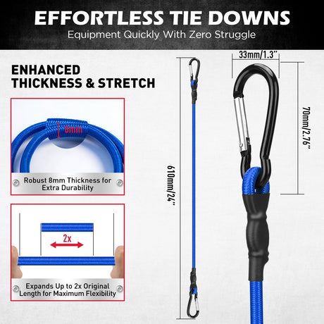 24 inch heavy duty bungee cords with locking carabiners, 8mm elastic tie down straps for cargo, camping, travel and outdoor use