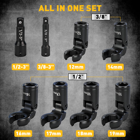 ELEAD 8 piece flex head crowfoot line wrench set with 3/8 and 1/2 inch drive metric flare nut wrenches for automotive repair