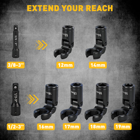ELEAD 8 piece flex head crowfoot line wrench set with 3/8 and 1/2 inch drive metric flare nut wrenches for automotive repair