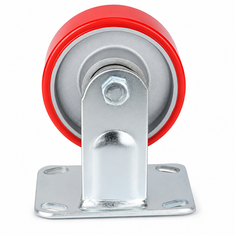 4 inch heavy duty fixed caster wheel with red PU iron core wheel, steel plate mount and 1500 lb per wheel load capacity