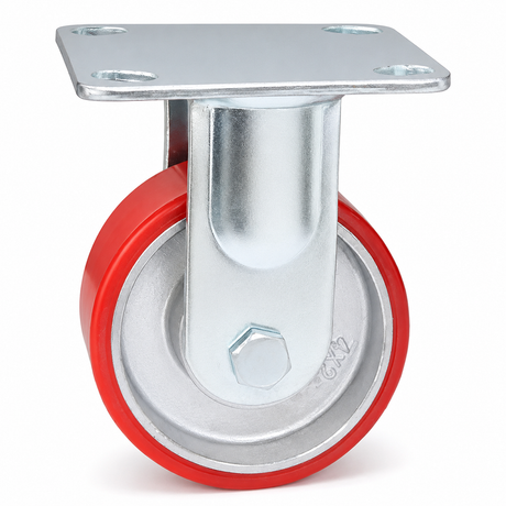 4 inch heavy duty fixed caster wheel with red PU iron core wheel, steel plate mount and 1500 lb per wheel load capacity