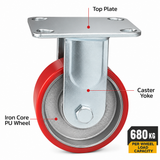4 inch heavy duty fixed caster wheel with red PU iron core wheel, steel plate mount and 1500 lb per wheel load capacity