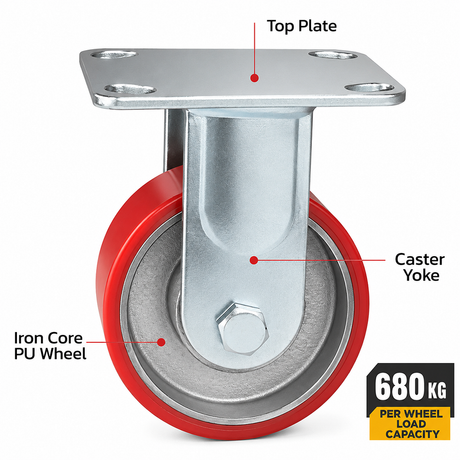 4 inch heavy duty fixed caster wheel with red PU iron core wheel, steel plate mount and 1500 lb per wheel load capacity