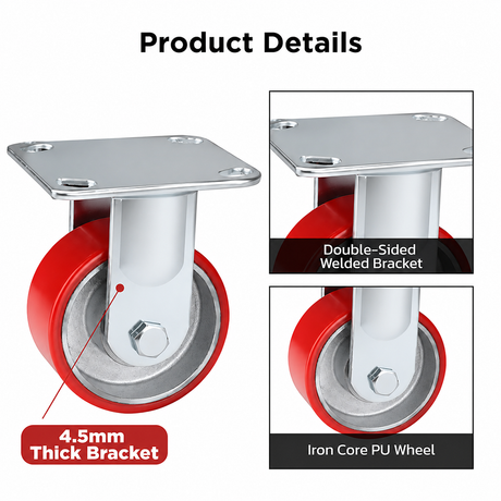 4 inch heavy duty fixed caster wheel with red PU iron core wheel, steel plate mount and 1500 lb per wheel load capacity