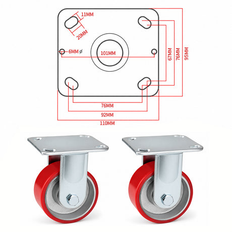 4 inch heavy duty fixed caster wheel with red PU iron core wheel, steel plate mount and 1500 lb per wheel load capacity