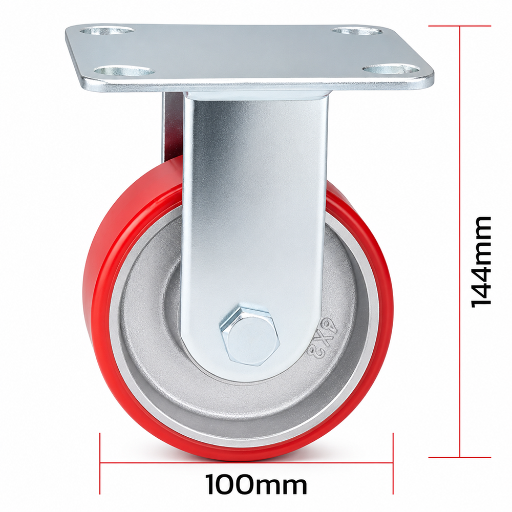 4 inch heavy duty fixed caster wheel with red PU iron core wheel, steel plate mount and 1500 lb per wheel load capacity