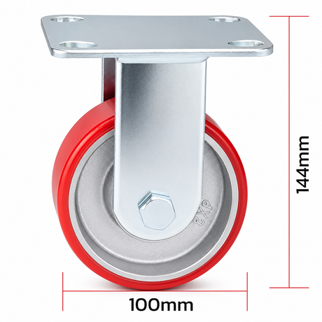 4 inch heavy duty fixed caster wheel with red PU iron core wheel, steel plate mount and 1500 lb per wheel load capacity