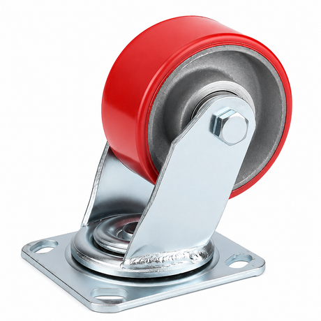 4 inch heavy duty swivel caster wheel with red PU iron core wheel, steel plate mount and brake or no-brake options