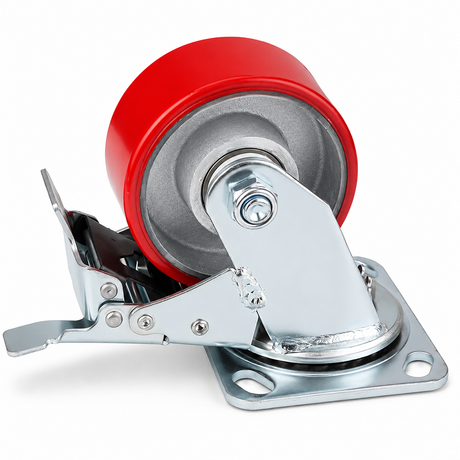 4 inch heavy duty swivel caster wheel with red PU iron core wheel, steel plate mount and brake or no-brake options