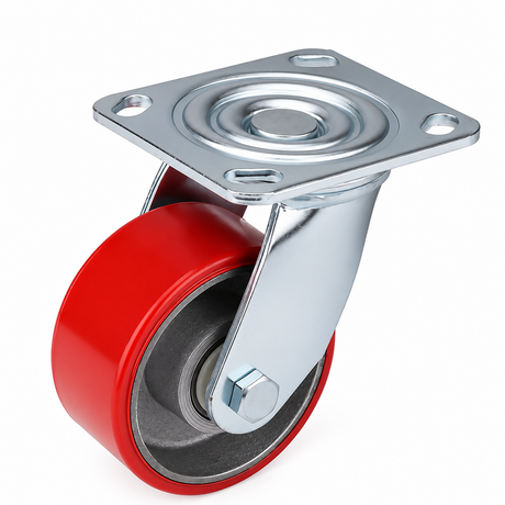 4 inch heavy duty swivel caster wheel with red PU iron core wheel, steel plate mount and brake or no-brake options