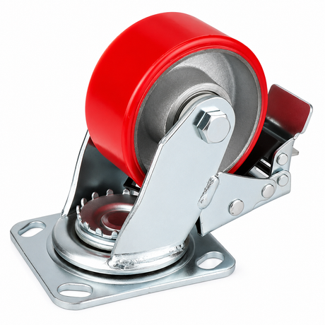 4 inch heavy duty swivel caster wheel with red PU iron core wheel, steel plate mount and brake or no-brake options