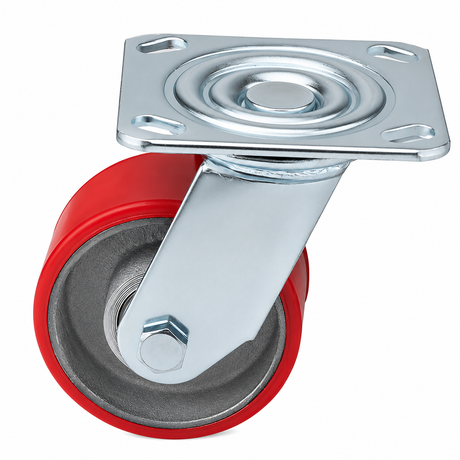 4 inch heavy duty swivel caster wheel with red PU iron core wheel, steel plate mount and brake or no-brake options