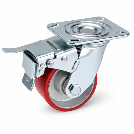 4 inch heavy duty swivel caster wheel with red PU iron core wheel, steel plate mount and brake or no-brake options