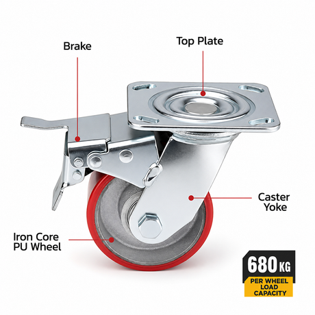 4 inch heavy duty swivel caster wheel with red PU iron core wheel, steel plate mount and brake or no-brake options