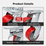 4 inch heavy duty swivel caster wheel with red PU iron core wheel, steel plate mount and brake or no-brake options