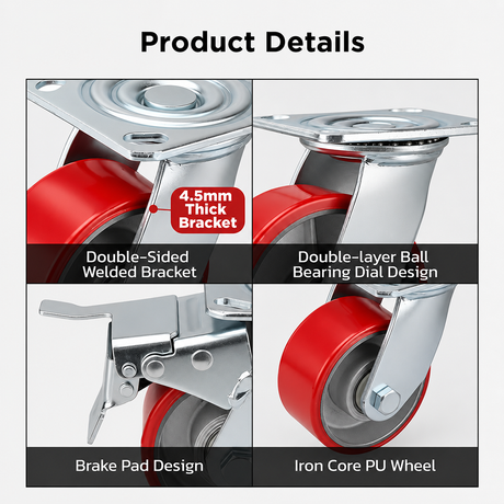 4 inch heavy duty swivel caster wheel with red PU iron core wheel, steel plate mount and brake or no-brake options