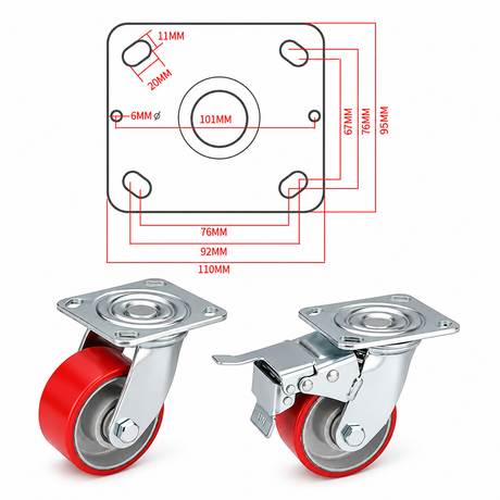 4 inch heavy duty swivel caster wheel with red PU iron core wheel, steel plate mount and brake or no-brake options