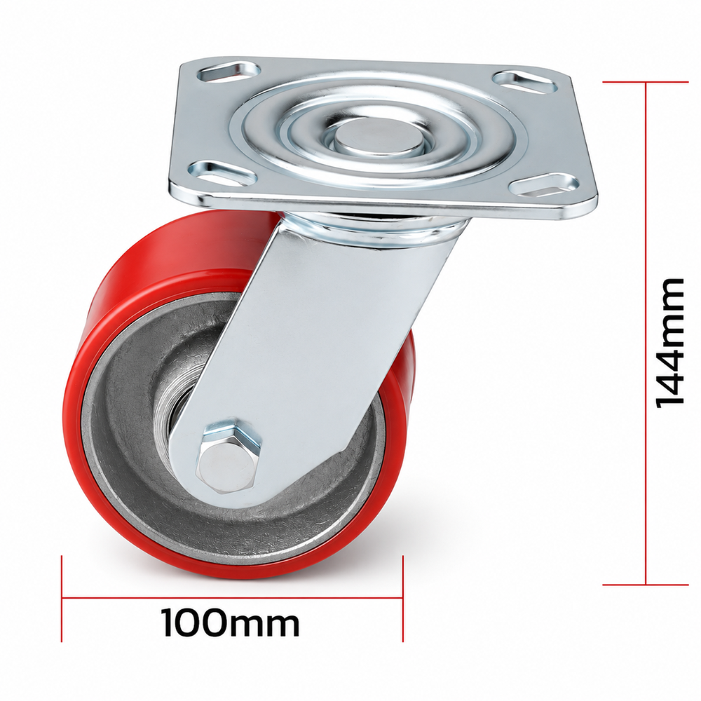 4 inch heavy duty swivel caster wheel with red PU iron core wheel, steel plate mount and brake or no-brake options