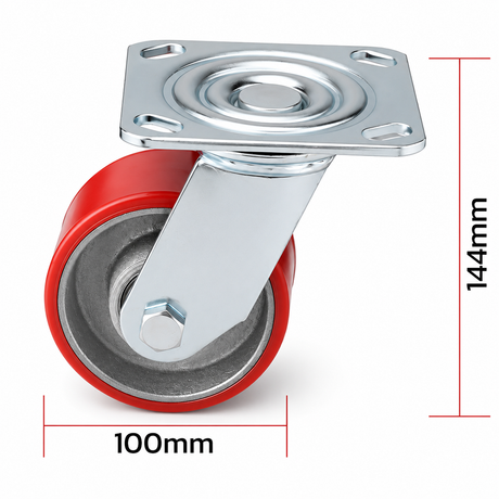 4 inch heavy duty swivel caster wheel with red PU iron core wheel, steel plate mount and brake or no-brake options