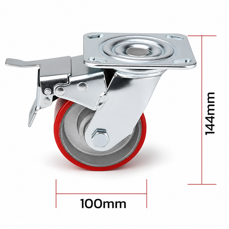 4 inch heavy duty swivel caster wheel with red PU iron core wheel, steel plate mount and brake or no-brake options