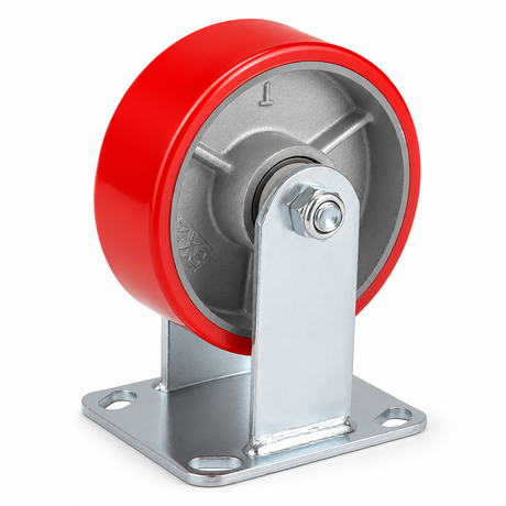5 inch heavy duty fixed caster wheel with red PU iron core wheel, steel plate mount and 1500 lb load capacity