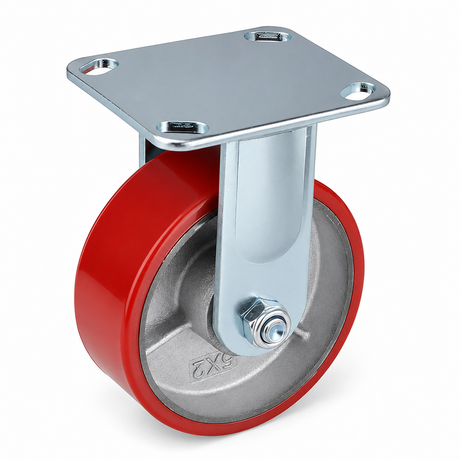 5 inch heavy duty fixed caster wheel with red PU iron core wheel, steel plate mount and 1500 lb load capacity