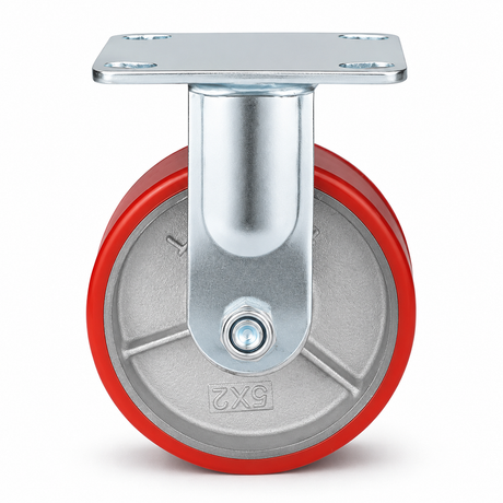 5 inch heavy duty fixed caster wheel with red PU iron core wheel, steel plate mount and 1500 lb load capacity