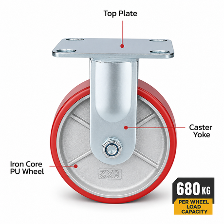5 inch heavy duty fixed caster wheel with red PU iron core wheel, steel plate mount and 1500 lb load capacity