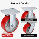 5 inch heavy duty fixed caster wheel with red PU iron core wheel, steel plate mount and 1500 lb load capacity