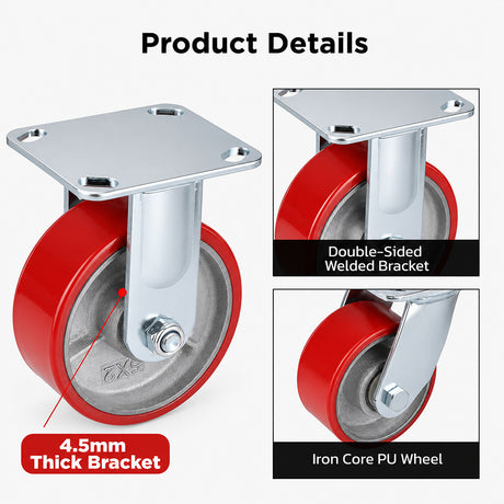 5 inch heavy duty fixed caster wheel with red PU iron core wheel, steel plate mount and 1500 lb load capacity